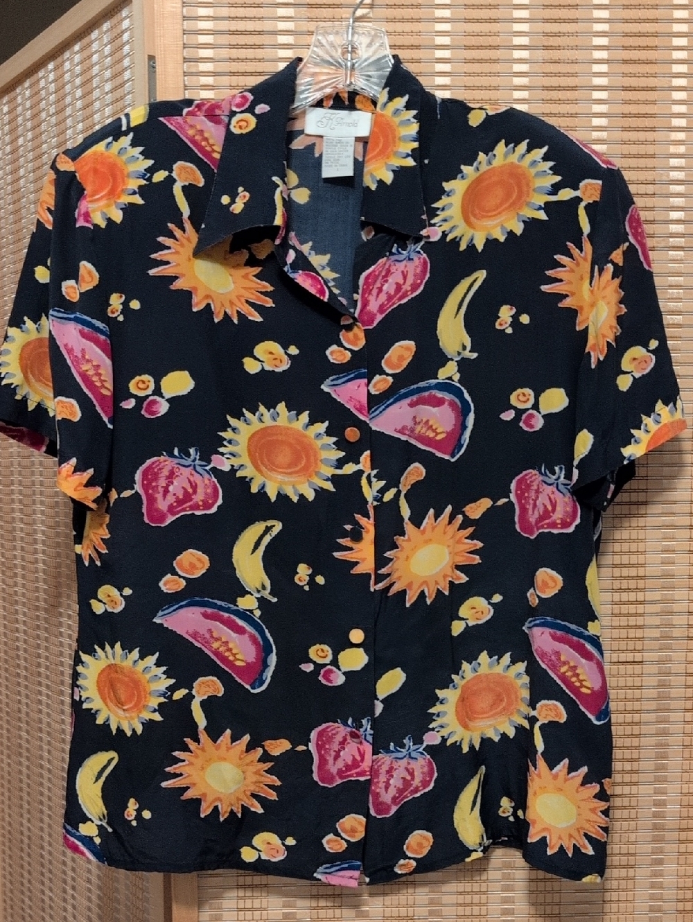 K. Arnold Silk Black Tropical Fruit & Sun Button-Up Shirt